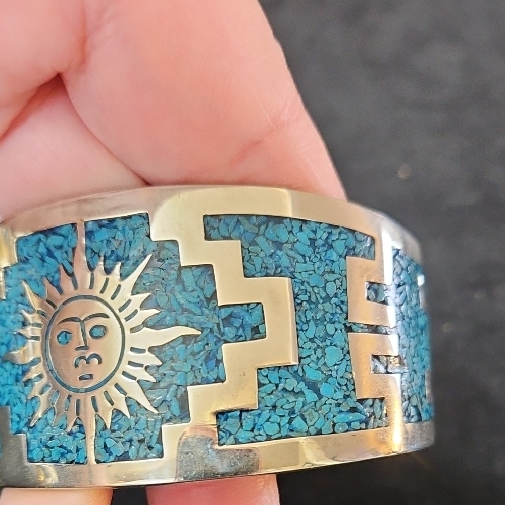 Turquoise Sun Inlay Cuff Bracelet - Blue Turquoise Design - Picture 3 of 8